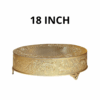 18-inch round gold cake stand with detailed floral embossing — ideal for wedding cakes, dessert displays, and upscale celebrations in San Diego.