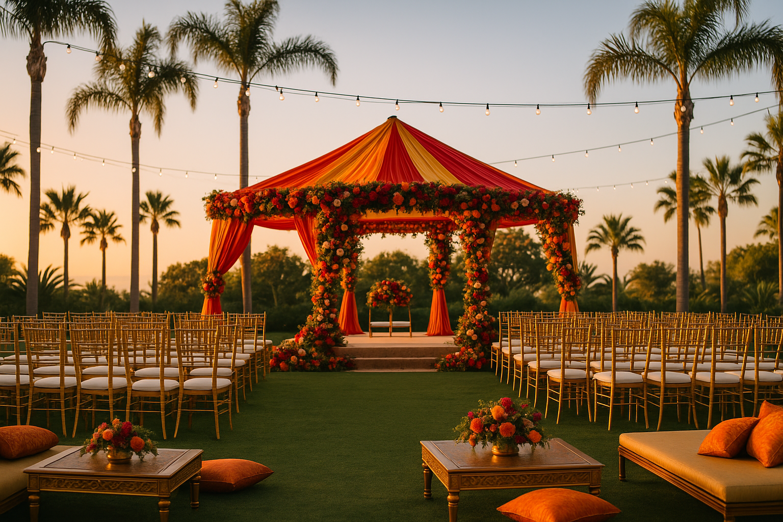 Indian wedding setup under tent with colorful drapes