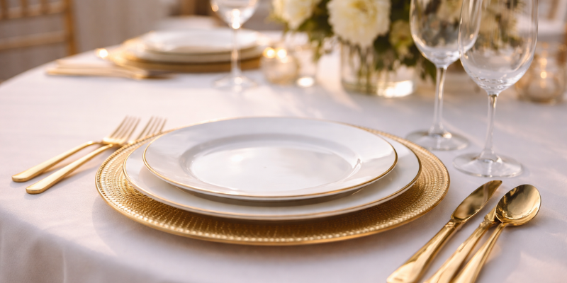 Carlsbad Dinnerware & Gold Charger Plate Rentals