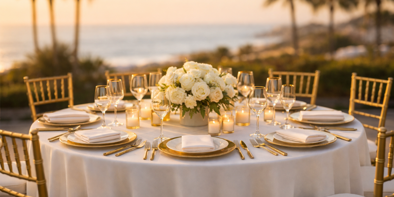 Carlsbad Wedding Table Rentals – White Linens & Gold Chiavari Chairs