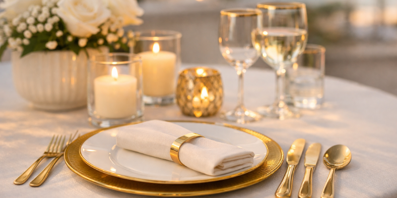 Carlsbad Table Linen & Gold Flatware Rentals – Wedding Reception